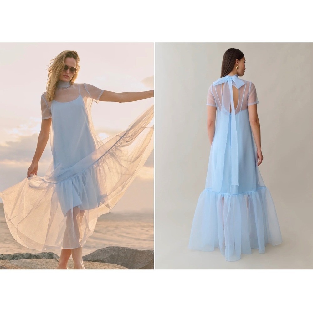 CAARA Melody Light Blue Sheer Organza Maxi Dress Set Ruffle Hem Bow Back XS NEW